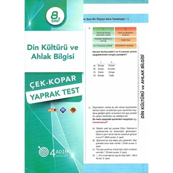 4 Adım 8. Sınıf Din Kültürü Ve Ahlak Bilgisi Çek Kopar Yaprak Test