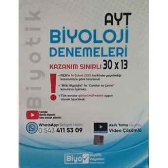 Biyotik Yayınları Ayt Biyoloji Biyotik Kazanım Sınırlı 30 X 13 Denemeleri Komisyon