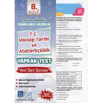 Bulut 8.Sınıf T.c. Inkılap Tarihi Ve Atatürkçülük Yaprak Test (Yeni) Kolektif