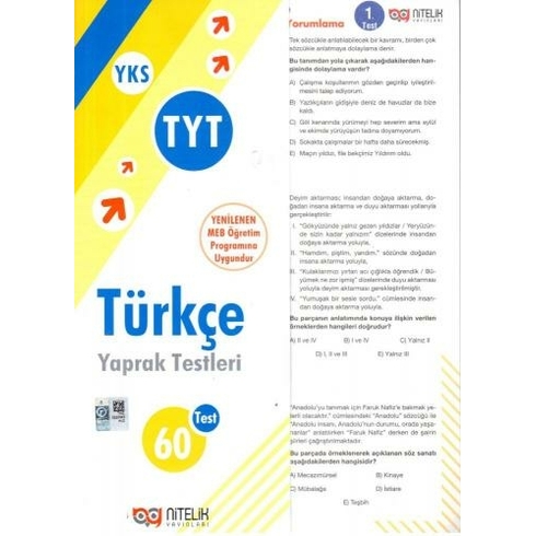 Nitelik Yayınları Tyt Türkçe Yaprak Test