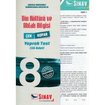 Sınav 8. Sınıf Din Kültürü Ve Ahlak Bilgisi Çek Kopar Yaprak Test (Yeni) Kolektif