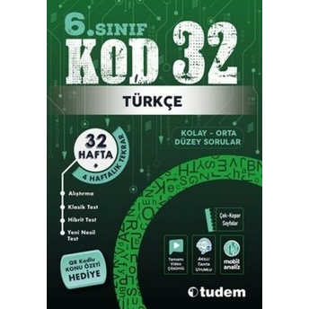 Tudem Yayınları 6. Sınıf Türkçe Kod 32 Tekrar Testleri Komisyon